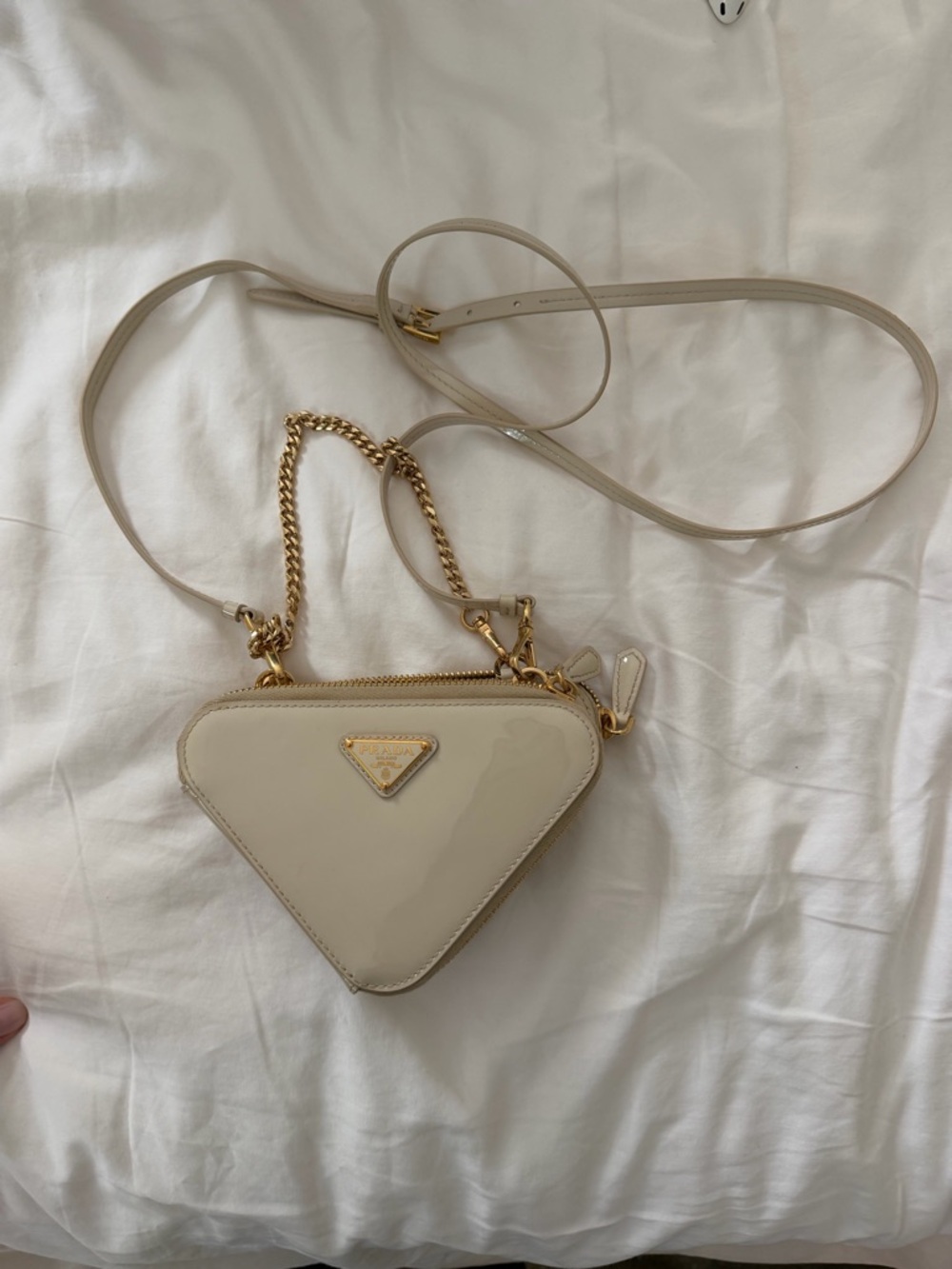 Prada Cream Leather Triangle Crossbody with Gold Chain Trim - Picture 2 of 8